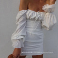 Spring and Summer New Sexy Square Neck White Long-Sleeved Dress with One Word Shoulder Pleated Chest